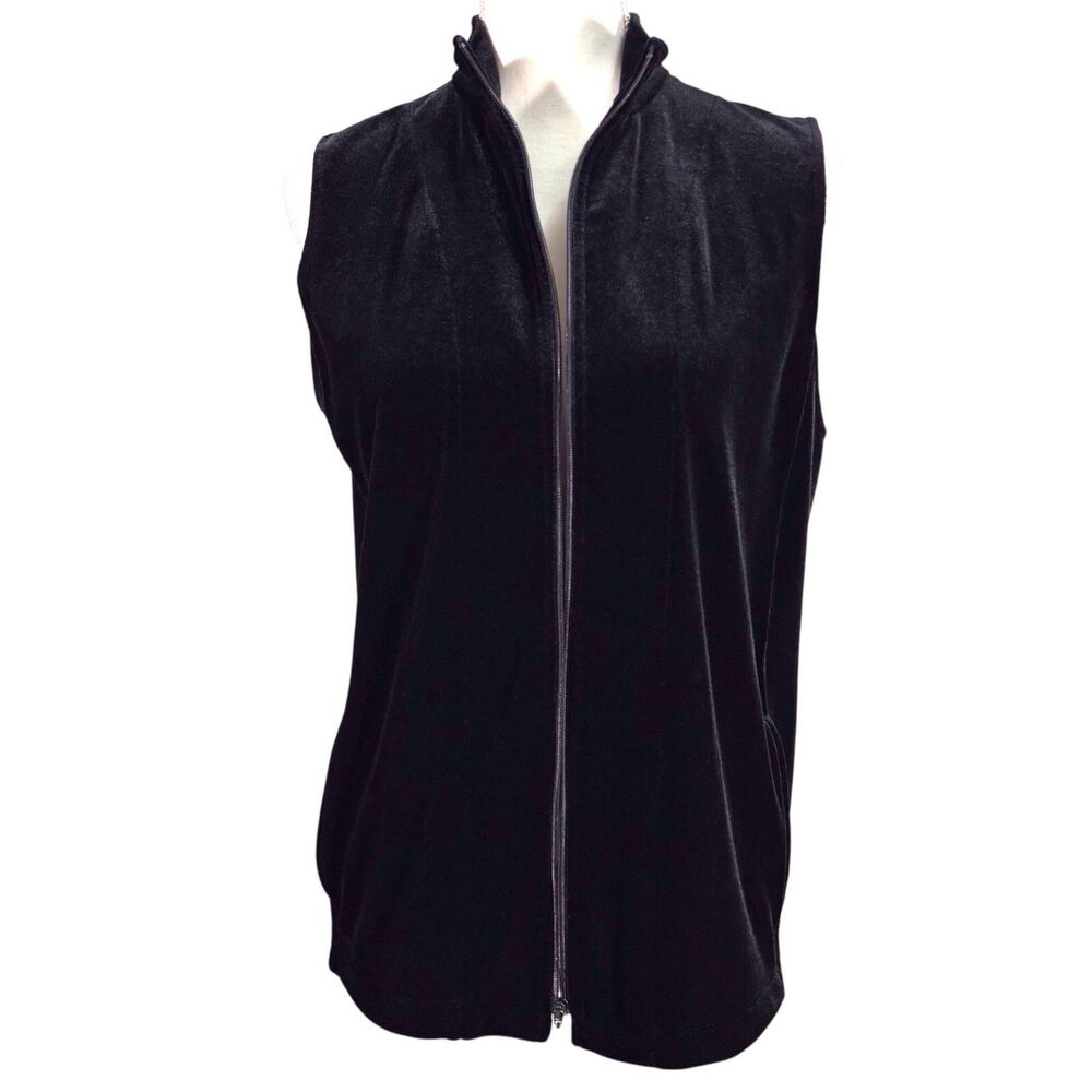 Chicos Velvet Velour Vest Full-Zip Stretch Size 1 Medium Black Pockets
